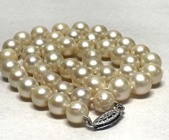 Vintage Akoya Cultured Pearl Necklace 15in Choker 7.8mm Cream Knotted Silver
