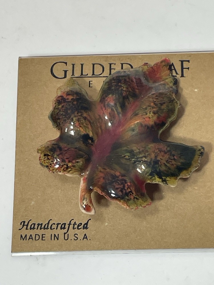 Guilded Leaf Brooch Pin Handcrafted USA Enamel Autumn Maple Leaf New On Card
