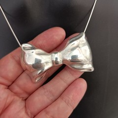 Vintage Sterling Silver Bow Necklace Brooch Puffy Tie Modernist 80s Israel Bold