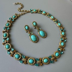 Victorian Turquoise Necklace & Earrings Set Antique Gold European Jewelry