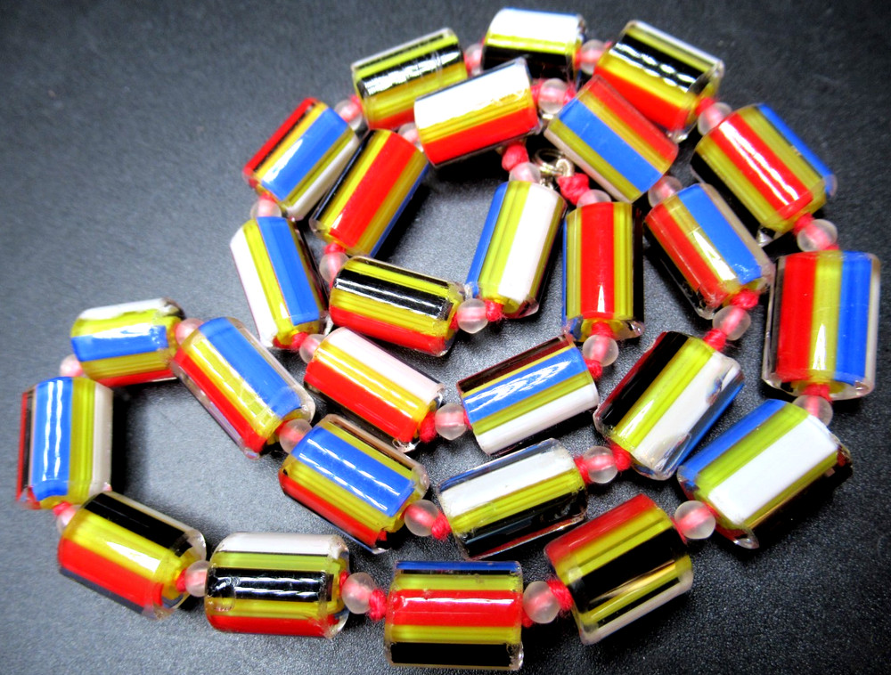 Gorgeous Colorful Rainbow Striped Glass Bead Vintage Necklace