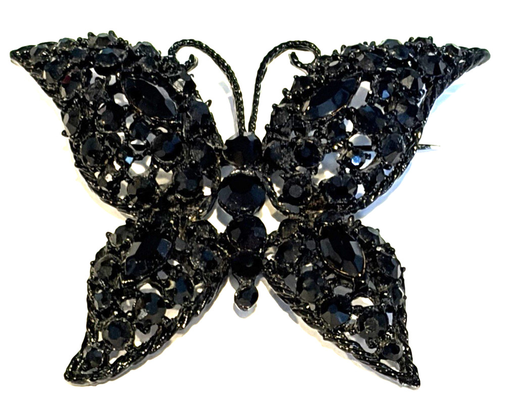 VTG WEISS Jet Black Rhinestone Japanned BUTTERFLY Brooch / Pin-Ex Cond-Un-signed