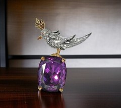Cushion Cut Lab Amethyst Bird On A Rock Brooch 925 Fine Silver Luxurious Jewelry