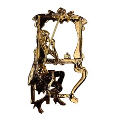 Vintage AJC Gold Tone Woman Vanity Mirror Brooch Signed Ornate Design Jewelry