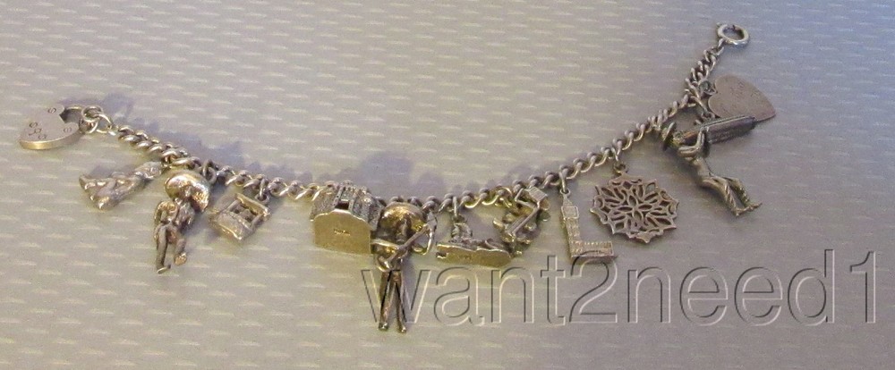 Vintage Sterling Silver Charm Bracelet 13p Hearts Sphinx Leprechaun Wishing Well