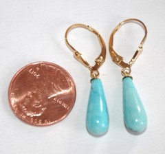 Vintage Gorgeous Genuine 1/20 14K GF Blue Turquoise Teardrop Lever back Earrings