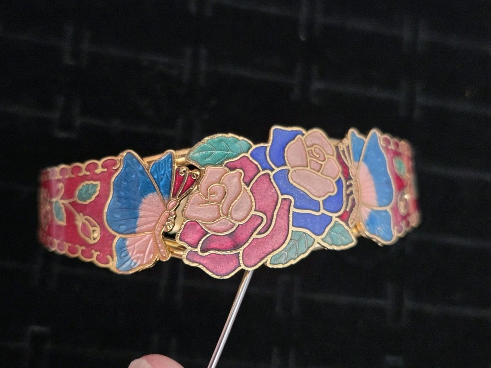 Vintage Cloisonne Clamper Bracelet Red Pink Butterfly Rose