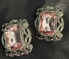 Vintage Brooch Earrings Set Pierced Pink Rhinestone Leaf Flowers Open Work.