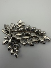 Vintage Jet Black Navettes Floral Spray Rhinestone Accent Silver Tone Brooch