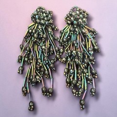 Statement Fringe Earrings Bugle Bead Oil Slick Pierced Vintage 1980s Runway