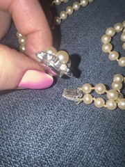 1940’s Vintage Faux Pearl Necklace Earrings Set Double Strand Rhinestone Floral