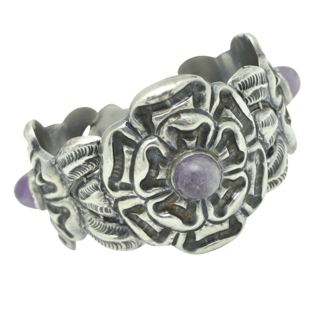 1930’s Wide Mexico City Amethyst Repoussé Sterling Silver Floral Bracelet