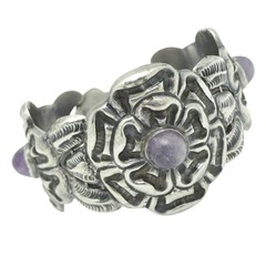 1930’s Wide Mexico City Amethyst Repoussé Sterling Silver Floral Bracelet