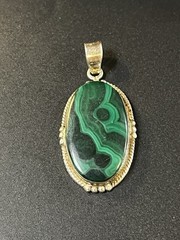 Vintage Malachite Sterling Silver Oval Pendant Rope Bezel Swirl Cabochon