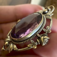 Antique Art Nouveau Pendant 2 Inch Roses Purple Faceted Mn Glass Glows Gold Fill