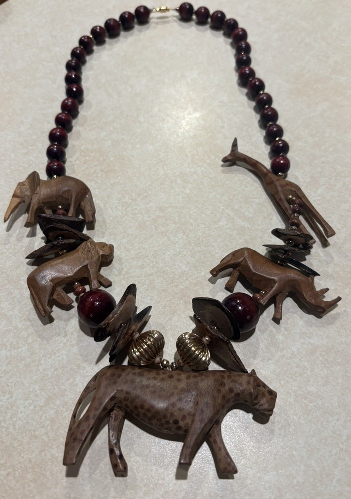 Vintage Hand Carved Wood African Safari Animal Statement Necklace Leopard Lion