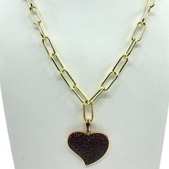 Gold Tone Red Pave Rhinestone Heart Pendant Paperclip Chain Necklace Statement