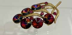 Vintage Watermelon Rivoli Rhinestone Leaf Brooch Gold Tone Pink Aurora Borealis