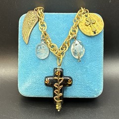 Vintage Brassy Bronzy Necklace & Charms of Mixed Metals: Cross, Angel Wing, OOAK