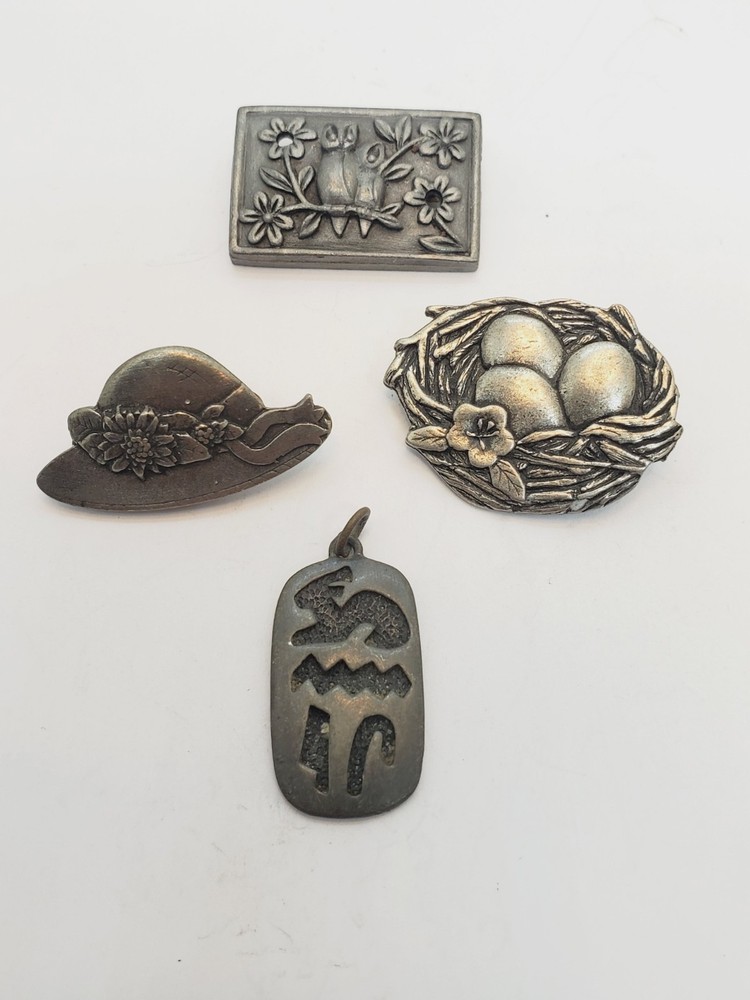 Eggs In Nest Vintage Birds And Blooms Pewter Pin Brooch (48)