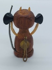 Vintage Miniature Wood Leather Devil Mouse ? Blue Crystal Eye Pin Brooch