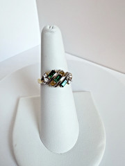 Vintage 14KT GE Emerald-Green Baguette & Clear Stone Cluster Ring Size 7 NOS