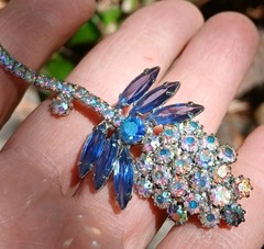 Vintage Unsigned Dragonfly Flower Pin Brooch Blue AB Rhinestone Prong Set 3.25″