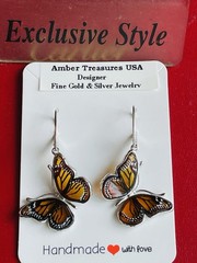 Amber Butterfly Genuine Baltic Earrings Vintage Butterscotch Sterling Silver
