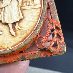 Vintage Colonial Courting Couple Brooch Red Enamel Metal Celluloid