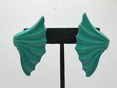 Lg Vintage Teal Fan Shaped Statement Earrings For Pierced Ears 1970-1990 Style