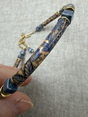 Vtg Japanese Choker Necklace Blue/Beige Floral Tubular Beads Boho Tattoo