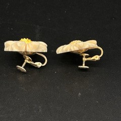 Vtg Accessocraft Plastic Celluloid Carved Daisy Brooch And Screw On Earrings Set