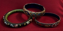 Three Vintage High End Cloisonné Bangle Bracelet One Hinged Antique
