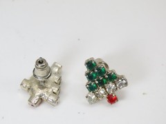 Christmas Trees Rhinestone Earrings Pierced Silver Tone Prong D3090