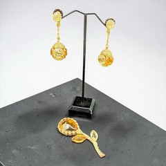 Demi Parure Caged Drop Clip Earrings & Flower Brooch Pin Topaz & Citrine Glass
