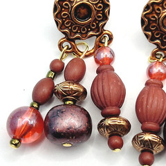 Burgundy Cranberry Copper Colored Multi Shape & Strand Bead Pierced Vtg Earrings