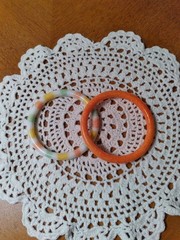 Vintage Glass Bangle Bracelets Set of Two Faux Jade Orange Green yellow