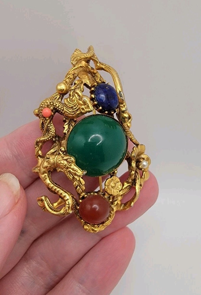 Swoboda Triple Dragon Jade Carnelian Figural Pin Brooch Gold Color VTG Estate