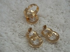 Goldtone Rhinestone Pierced Earrings + Ring ~ Adjustable Size 7-9 (J37)