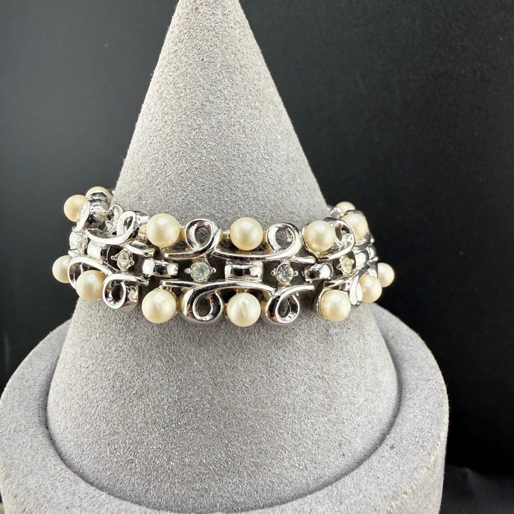 Vintage Rhinestone Bracelet Silver Tone Faux Pearl READ 7”
