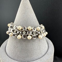 Vintage Rhinestone Bracelet Silver Tone Faux Pearl READ 7”