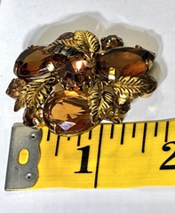 Vintage AUSTRIAN Flower Leaf Brooch & Earring Set, Topaz Crystal Rhinestones!