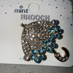 Mint Umbrella Brooch Pin Aqua & White Crystals Rhinestones