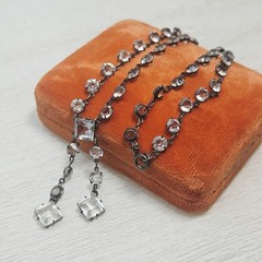 Antique Sterling Necklace Open Back Clear Paste Stones Lariat Drops Deco Bridal