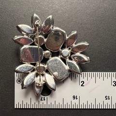 Vintage Rhinestone Brooch Black Crystal Domed Floral Spray