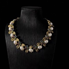 Vintage Floral Pearl Necklace Earrings Set French Estate Garden Jewelry Gold