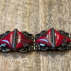 Impressive Vtg Czech Art Glass Red & Copper swirl triangle Bracelet
