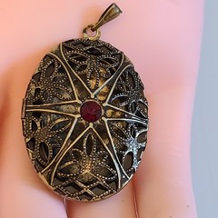SALE Vintage Gothic Locket Pendant Red Glass Stone Spiderweb Filigree Starburst