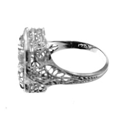 Vintage DECO 14k Solid White Gold Natural Aquamarine Fancy Cut Filigree Ring
