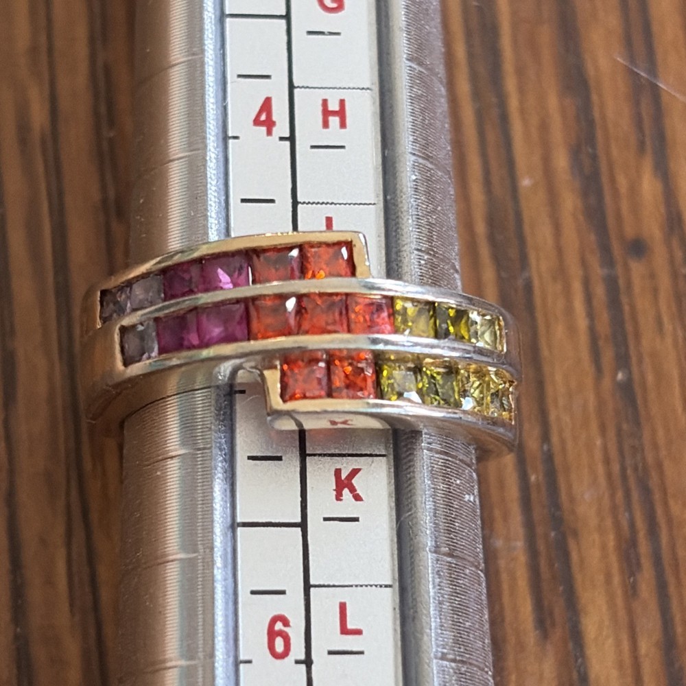 Vintage 16K Gold Gersc Channel Set Baguette Stones Size 5 Rainbow Ring